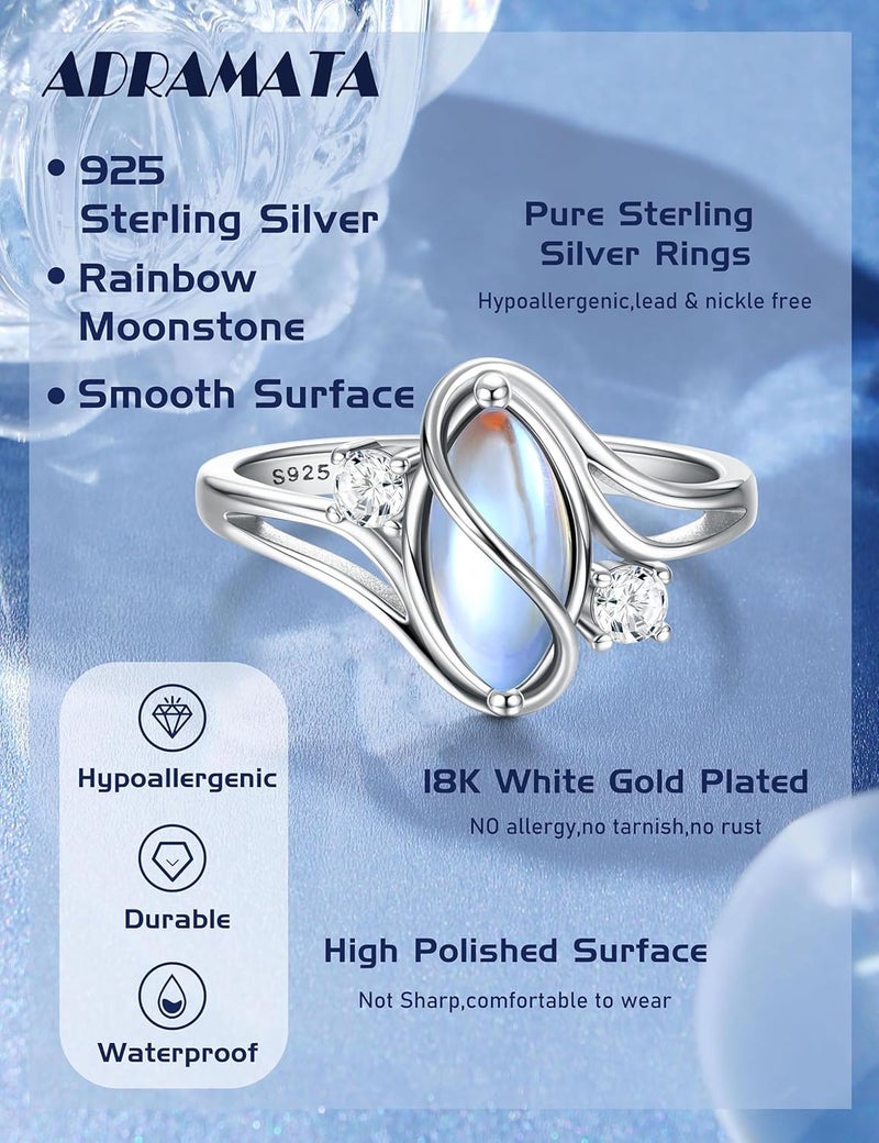 Adramata 925 Sterling Silver Rings for Women Moonstone Ring Rainbow Cubic Zirconia Accents Ring Solitaire Gemstone Statement Rings 18K Gold Plated Silver Rings - Image 3